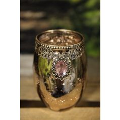 Rózsaszín díszes üveg gyertyatartó - 11 cm