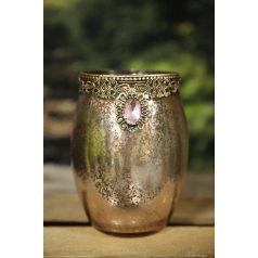 Rózsaszín díszes üveg gyertyatartó - 17 cm
