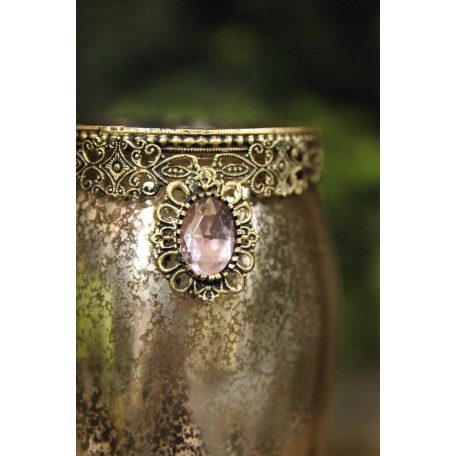 Rózsaszín díszes üveg gyertyatartó - 17 cm