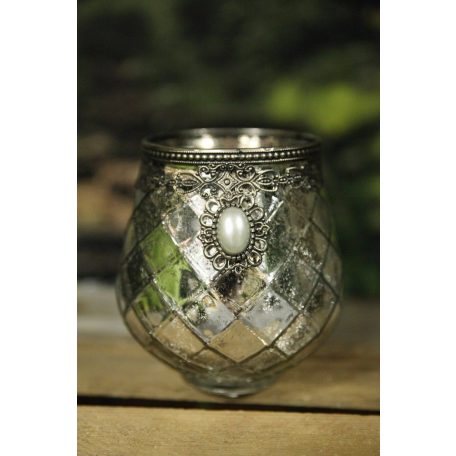 Ezüst üveg gyertyatartó díszítéssel - 14 cm  