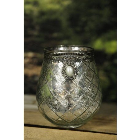 Ezüst üveg gyertyatartó díszítéssel - 18 cm 