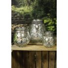 Ezüst üveg gyertyatartó díszítéssel - 18 cm 