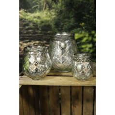 Ezüst üveg gyertyatartó díszítéssel - 18 cm 