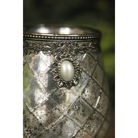 Ezüst üveg gyertyatartó díszítéssel - 18 cm 