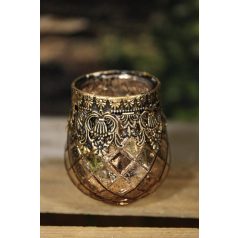   Rózsaszín üveg gyertyatartó arany díszítéssel - 10 cm  