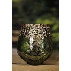 Zöld üveg gyertyatartó arany díszítéssel - 14 cm 