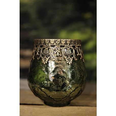 Zöld üveg gyertyatartó arany díszítéssel - 14 cm 