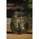 Zöld üveg gyertyatartó arany díszítéssel - 14 cm 