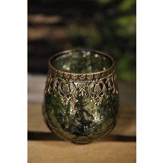 Zöld üveg gyertyatartó arany díszítéssel - 14 cm 