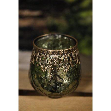 Zöld üveg gyertyatartó arany díszítéssel - 14 cm 