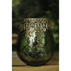 Zöld üveg gyertyatartó arany díszítéssel - 18 cm  