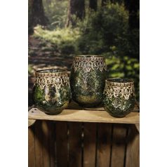 Zöld üveg gyertyatartó arany díszítéssel - 18 cm  