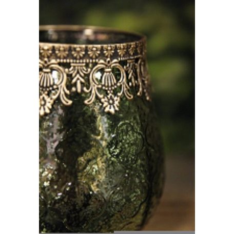 Zöld üveg gyertyatartó arany díszítéssel - 18 cm  