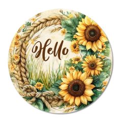   Nyomtatott fa tábla koszorú közép - Napraforgós Hello - 11,8 cm