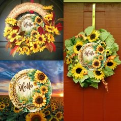   Nyomtatott fa tábla koszorú közép - Napraforgós Hello - 11,8 cm