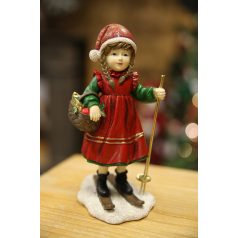Piros karácsonyfadísz kislány figura, síléccel - 20 cm