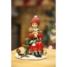 Piros karácsonyi figura lány cicával - 17 cm