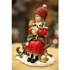 Piros karácsonyi figura lány cicával - 17 cm