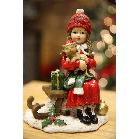 Piros karácsonyi figura lány cicával - 17 cm