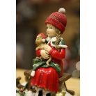 Piros karácsonyi figura lány cicával - 17 cm