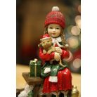 Piros karácsonyi figura lány cicával - 17 cm