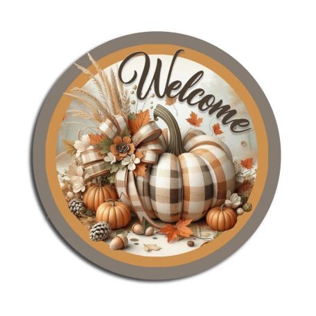Nyomtatott fa tábla koszorú közép - Welcome kockás tökkel - 11,8 cm
