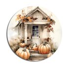 Nyomtatott fa tábla koszorú közép - Fehér-narancs tök házzal - 11,8 cm, 14,8 cm