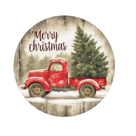 Nyomtatott fa tábla koszorú közép - Piros autós karácsonyi  - 11,8 cm, 14,8 cm