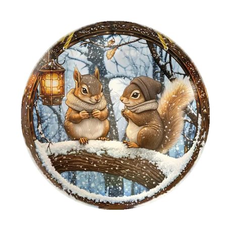 Nyomtatott fa tábla koszorú közép - Két mókus - 11,8 cm, 14,8 cm