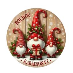    Nyomtatott fa tábla koszorú közép - Piros manók - 11,8 cm, 14,8 cm