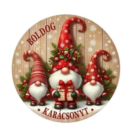  Nyomtatott fa tábla koszorú közép - Piros manók - 11,8 cm, 14,8 cm