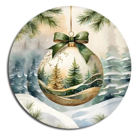 Nyomtatott fa tábla koszorú közép - Karácsonyi zöld  koszorú közép - 11,8 cm