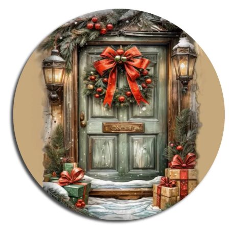 Nyomtatott fa tábla koszorú közép - Piros autós karácsonyi - 11,8 cm