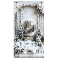   Nyomtatott fa tábla - Vintage fehér téma - hógömb - 13x24,3cm