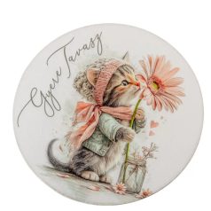   Nyomtatott fa tábla koszorú közép - Gyere tavasz cicás 11,8 cm. 14,8 cm