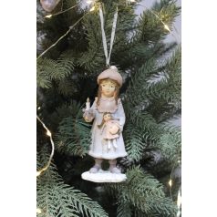   Szürke rózsaszín karácsonyi dekor lány, babával -12 cm  