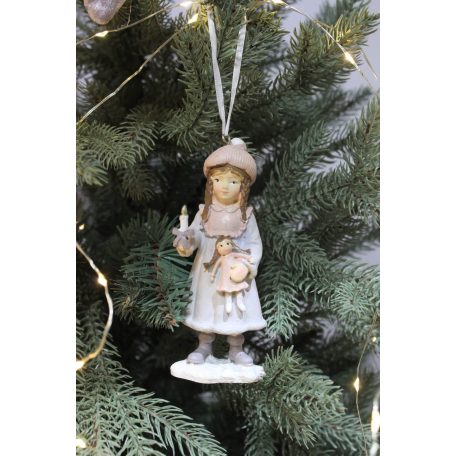 Szürke rózsaszín karácsonyi dekor lány, babával -12 cm  