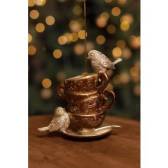 Karácsonyfadísz - LUX arany csésze, madarakkal - 10 cm