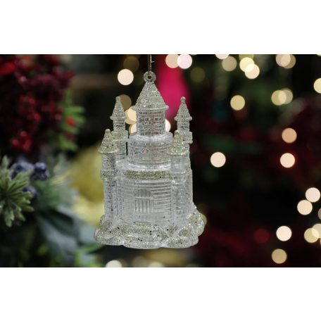 Jeges-fehér karácsonyfadísz kastély LED - 11 cm