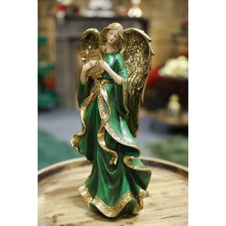 Zöld-arany angyalfigura lírával - 38 cm 