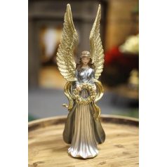 Kék-arany angyal figura, koszorúval - 32 cm