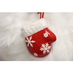 Piros karácsonyi dekorációs kesztyű pelyhekkel - 11 cm  