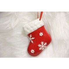 Piros karácsonyi dekorációs zokni pelyhekkel - 11 cm   