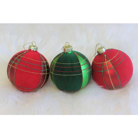 Kockás piros és zöld karácsonyi gömbök - 8 cm - 3 db/csomag