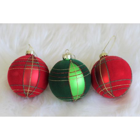 Kockás piros és zöld karácsonyi gömbök - 8 cm - 3 db/csomag