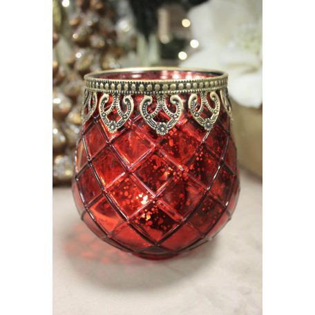 Piros üveg gyertyatartó, patinás szegéllyel - 14 cm  