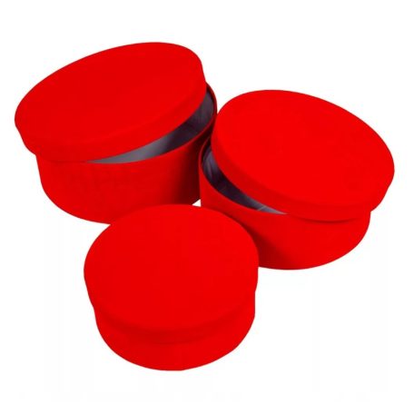 Díszdoboz szett kerek bársony hatású - Piros - 20 cm, 18 cm, 15 cm - 3 db-os szett