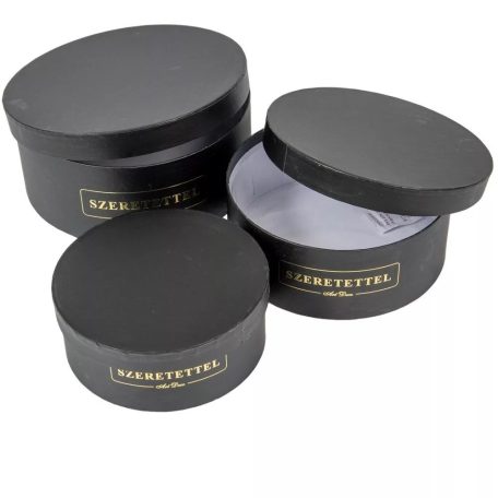 Papírdoboz kerek fekete - "Szeretettel" - 3 db-os szett