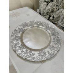 Fehér és ezüst üveg karácsonyi tányér - 33 cm