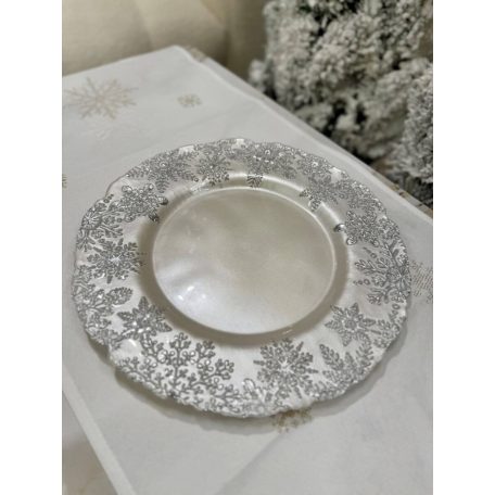 Fehér és ezüst üveg karácsonyi tányér - 33 cm